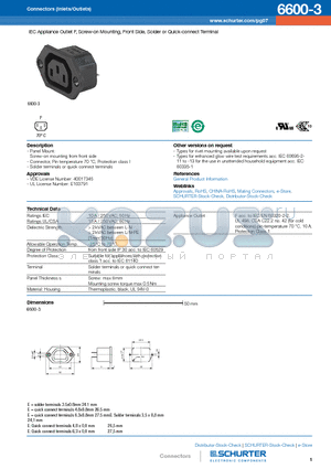 6600-3 datasheet - IEC Appliance Outlet F, Screw-on Mounting, Front Side, Solder or Quick-connect Terminal