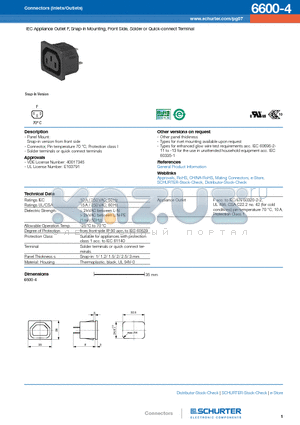 6600-4 datasheet - IEC Appliance Outlet F, Snap-in Mounting, Front Side, Solder or Quick-connect Terminal