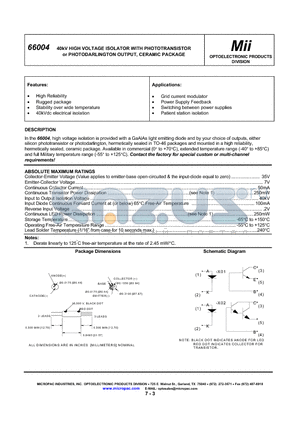 66004-011 datasheet - 40kV HIGH VOLTAGE ISOLATOR WITH PHOTOTRANSISTOR or PHOTODARLINGTON OUTPUT, CERAMIC PACKAGE