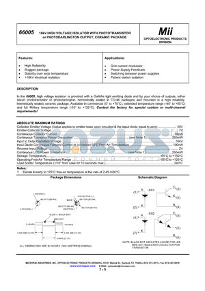 66005-001 datasheet - 16kV HIGH VOLTAGE ISOLATOR WITH PHOTOTRANSISTOR or PHOTODARLINGTON OUTPUT, CERAMIC PACKAGE