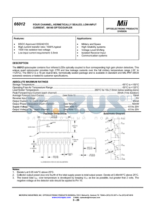 66012 datasheet - FOUR CHANNEL, HERMETICALLY SEALED, LOW-INPUT CURRENT, 6N140 OPTOCOUPLER