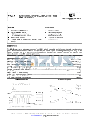 66013-003 datasheet - DUAL CHANNEL, HERMETICALLY SEALED, HIGH-SPEED 6N134 OPTOCOUPLER