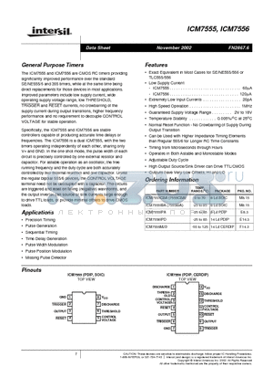 ICM7555 datasheet - Precision Timing Pulse Generation Sequential Timing Time Delay Generation Pulse Width Modulation Missing Pulse Detector