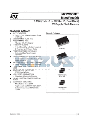 M29W800DB45N1E datasheet - 8 Mbit (1Mb x8 or 512Kb x16, Boot Block) 3V Supply Flash Memory