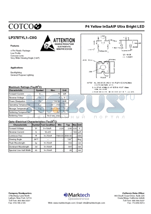 LP378TYL1-C0G datasheet - P4 Yellow InGaAlP Ultra Bright LED