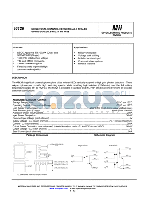 66126-011 datasheet - SINGLE/DUAL CHANNEL, HERMETICALLY SEALED OPTOCOUPLER, SIMILAR TO 4N55