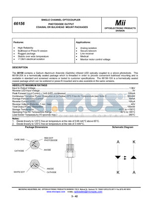 66156 datasheet - SINGLE CHANNEL OPTOCOUPLER PHOTODIODE OUTPUT COAXIAL OR BULKHEAD MOUNT PACKAGES