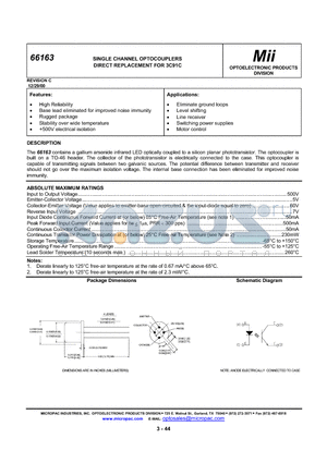 66163 datasheet - SINGLE CHANNEL OPTOCOUPLERS DIRECT REPLACEMENT FOR 3C91C