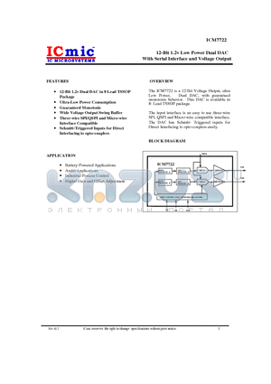 ICM7722 datasheet - 12-Bit 1.2v Low Power Dual DAC With Serial Interface and Voltage Output