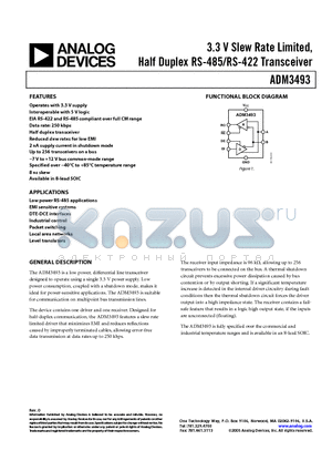 ADM3493ARZ-REEL7 datasheet - 3.3 V Slew Rate Limited, Half Duplex RS-485/RS-422 Transceiver