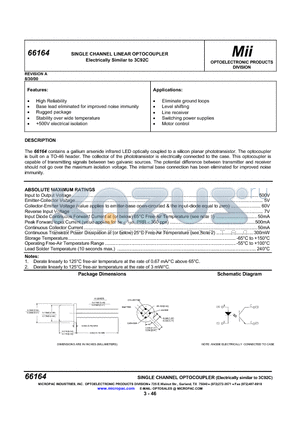 66164 datasheet - SINGLE CHANNEL LINEAR OPTOCOUPLER Electrically Similar to 3C92C