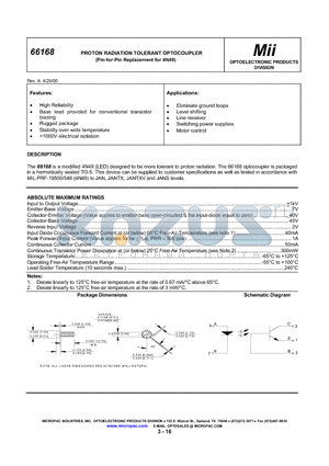 66168-300 datasheet - PROTON RADIATION TOLERANT OPTOCOUPLER (Pin-for-Pin Replacement for 4N49)