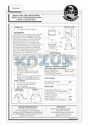 ICPL2611 datasheet - HIGH CMR, VERY HIGH SPEED OPTICALLY COUPLED ISOLATOR LOGIC GATE OUTPUT