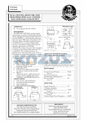 ICPL2630 datasheet - DUAL CHANNEL, HIGH CMR, VERY HIGH SPEED OPTICALLY COUPLED ISOLATOR LOGIC GATE OUTPUT