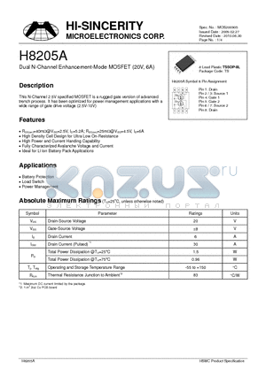 H8205A datasheet - Dual N-Channel Enhancement-Mode MOSFET (20V, 6A)