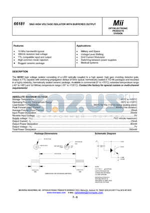 66181-001 datasheet - 30kV HIGH VOLTAGE ISOLATOR WITH BUFFERED OUTPUT