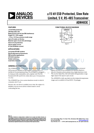 ADM483EARZ datasheet - a15 kV ESD Protected, Slew Rate Limited, 5 V, RS-485 Transceiver