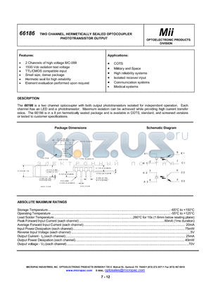 66186-003 datasheet - TWO CHANNEL, HERMETICALLY SEALED OPTOCOUPLER PHOTOTRANSISTOR OUTPUT