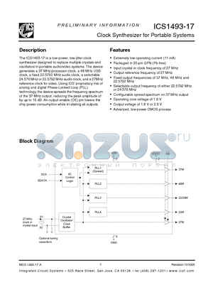ICS1493-17 datasheet - Clock Synthesizer for Portable Systems