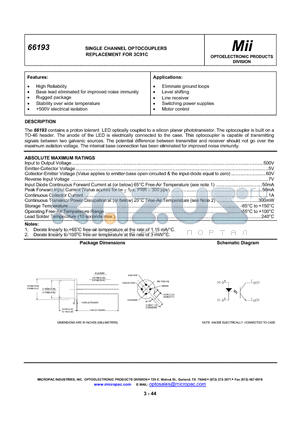 66193 datasheet - SINGLE CHANNEL OPTOCOUPLERS REPLACEMENT FOR 3C91C