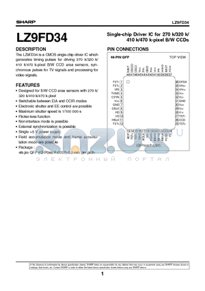 LZ9FD34 datasheet - Single-chip Driver IC for 270 k/320 k/ 410 k/470 k-pixel B/W CCDs