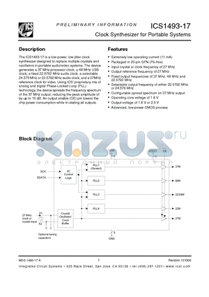 ICS1493K-17LF datasheet - Clock Synthesizer for Portable Systems