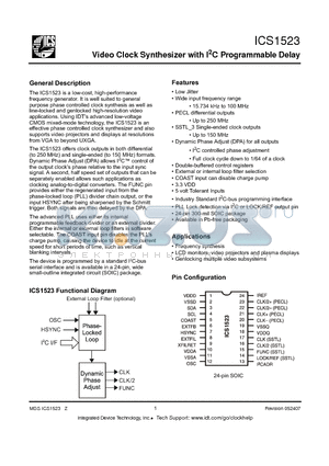 ICS1523MLFT datasheet - Video Clock Synthesizer with I2C Programmable Delay