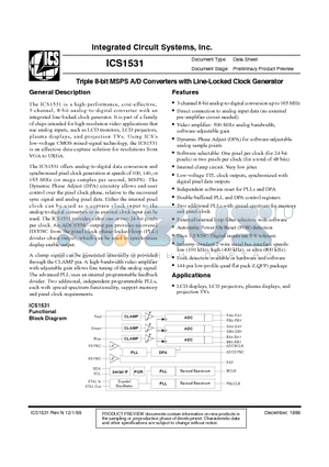 ICS1531 datasheet - Triple 8-bit MSPS A/D Converters with Line-Locked Clock Generator