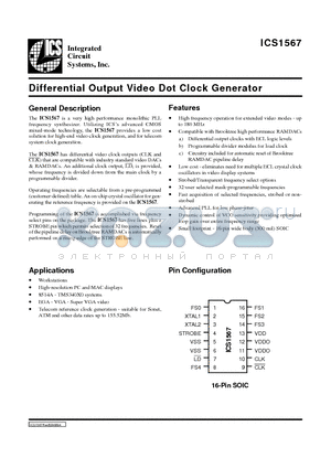 ICS1567 datasheet - Differential Output Video Dot Clock Generator