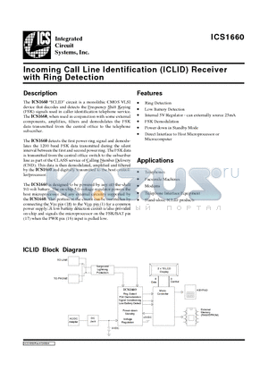 ICS1660 datasheet - Incoming Call Line Identification (ICLID) Receiver with Ring Detection
