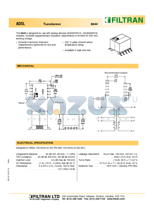 6644 datasheet - ADSL Transformer