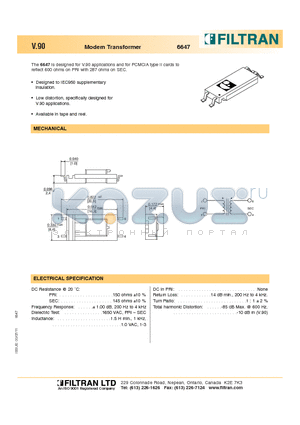 6647 datasheet - V.90 Modem Transformer