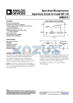 ADM6315 datasheet - Open-Drain Microprocessor Supervisory Circuit in 4-Lead SOT-143