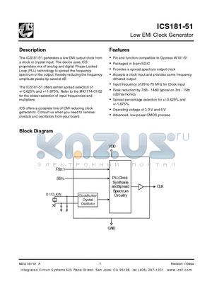 ICS181-51 datasheet - Low EMI Clock Generator