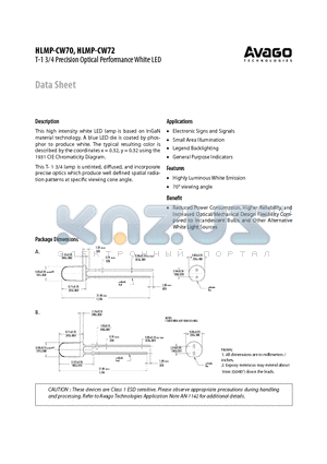 HLMP-CW70 datasheet - T-1 3/4 Precision Optical Performance White LED