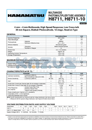 H8711 datasheet - MULTIANODE PHOTOMULTIPLIER TUBE ASSEMBLY