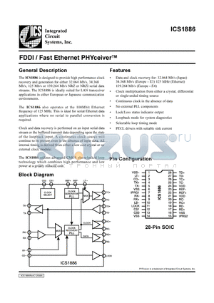 ICS1886 datasheet - FDDI / Fast Ethernet PHYceiverTM