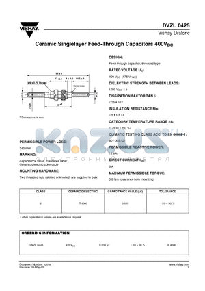 DVZL0425 datasheet - Ceramic Singlelayer Feed-Through Capacitors 400VDC