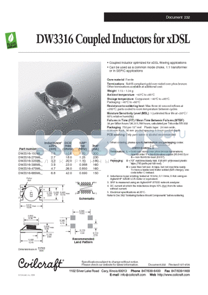DW3316-275ML datasheet - DW3316 Coupled Inductors for xDSL