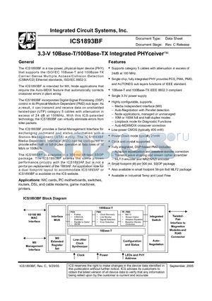 ICS1893BK datasheet - 3.3-V 10Base-T/100Base-TX Integrated PHYceiver