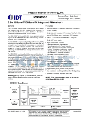 ICS1893BK datasheet - 3.3-V 10Base-T/100Base-TX Integrated PHYceiver