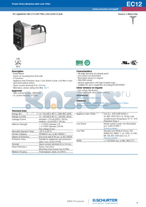 EC12.2201.002 datasheet - IEC Appliance Inlet C14 with Filter, Line Switch 2-pole