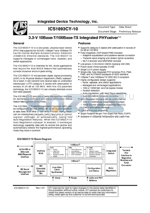 ICS1893CY-10LF datasheet - 3.3-V 10Base-T/100Base-TX Integrated PHYceiver