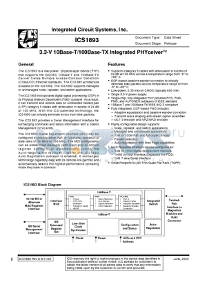 ICS1893YI-10 datasheet - 3.3-V 10Base-T/100Base-TX Integrated PHYceiver