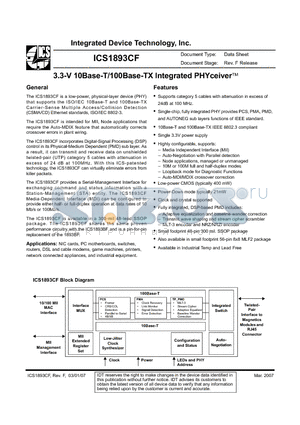 ICS1893CKLFT datasheet - 3.3-V 10Base-T/100Base-TX Integrated PHYceive