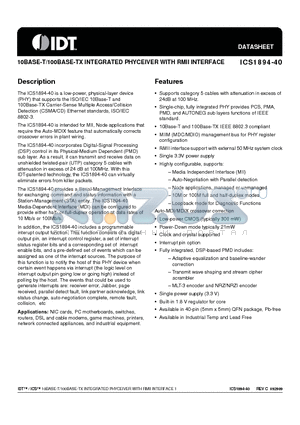 ICS1894-40 datasheet - 10BASE-T/100BASE-TX INTEGRATED PHYCEIVER WITH RMII INTERFACE