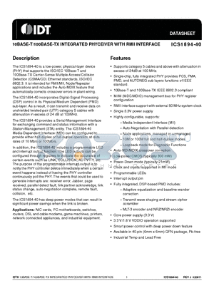 ICS1894-40_11 datasheet - 10BASE-T/100BASE-TX INTEGRATED PHYCEIVER WITH RMII INTERFACE