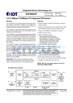 ICS1893CKILF datasheet - 3.3-V 10Base-T/100Base-TX Integrated PHYceiver