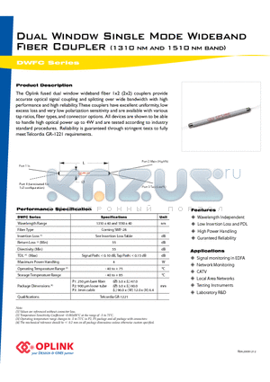 DWFC0110A00L0 datasheet - Dual Window Single Mode Wideband Fiber Coupler