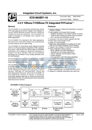 ICS1893BY-10LF datasheet - 3.3-V 10Base-T/100Base-TX Integrated PHYceiver